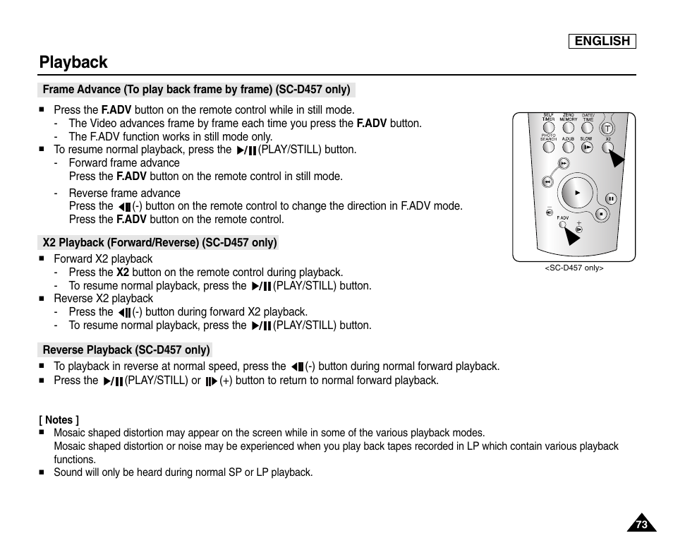 X2 playback (forward/reverse) (sc-d457 only), Reverse playback (sc-d457 only), Playback | Samsung SC-D453-XAA User Manual | Page 77 / 124