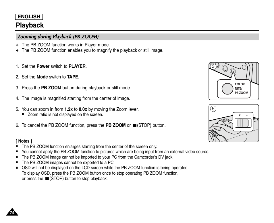 Zooming during playback (pb zoom), Playback | Samsung SC-D453-XAA User Manual | Page 78 / 124