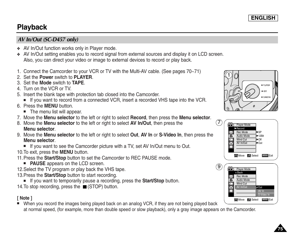 Av in/out (sc-d457 only), Playback, English | Samsung SC-D453-XAA User Manual | Page 79 / 124