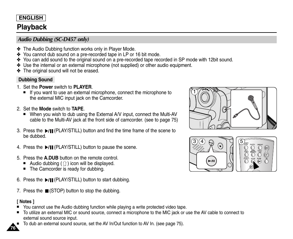 Audio dubbing (sc-d457 only), Dubbing sound, Playback | Samsung SC-D453-XAA User Manual | Page 80 / 124