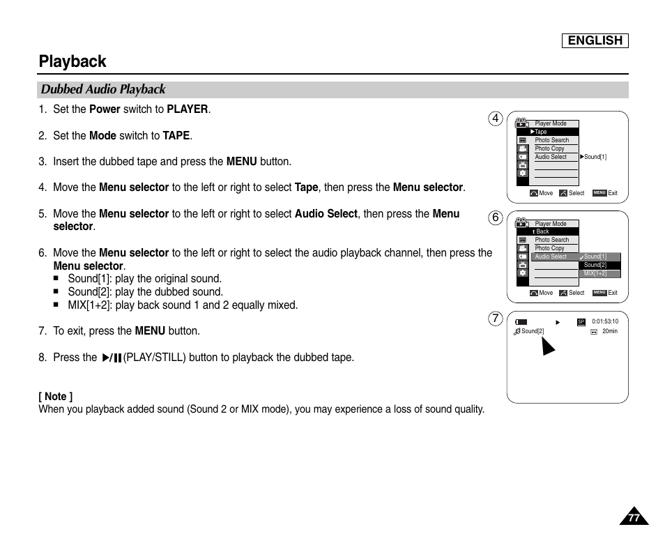 Dubbed audio playback, Playback, English | Samsung SC-D453-XAA User Manual | Page 81 / 124