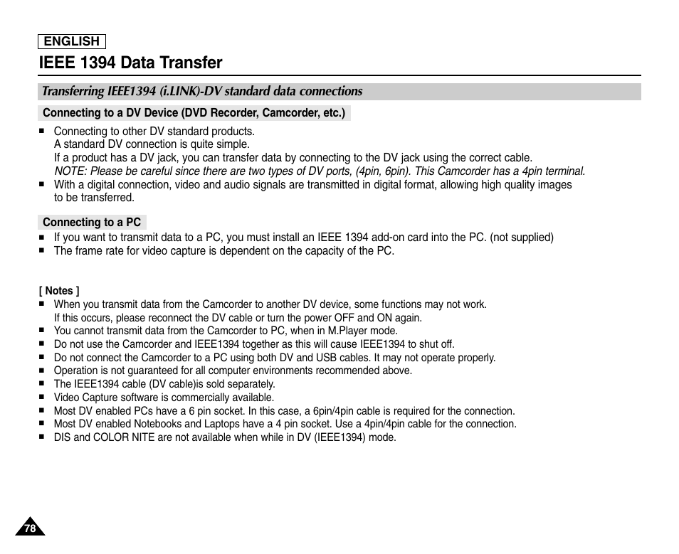 Ieee 1394 data transfer, English | Samsung SC-D453-XAA User Manual | Page 82 / 124