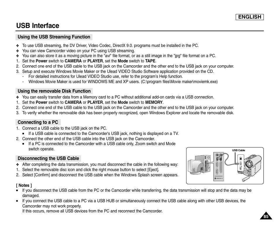 Usb interface, English | Samsung SC-D453-XAA User Manual | Page 89 / 124