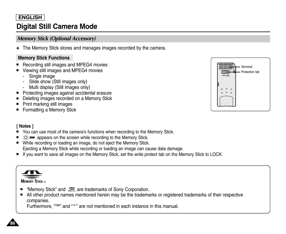 Digital still camera mode, Memory stick (optional accessory), Memory stick functions | English | Samsung SC-D453-XAA User Manual | Page 90 / 124