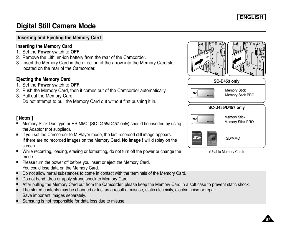 Inserting and ejecting the memory card, Digital still camera mode, English | Samsung SC-D453-XAA User Manual | Page 91 / 124