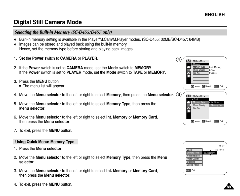 Selecting the built-in memory (sc-d455/d457 only), Using quick menu: memory type, Digital still camera mode | English | Samsung SC-D453-XAA User Manual | Page 93 / 124