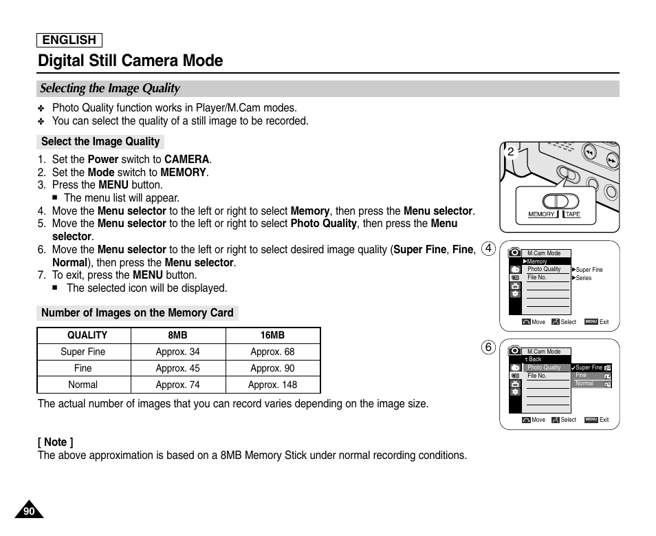 Selecting the image quality, Select the image quality, Number of images on the memory card | Digital still camera mode, English | Samsung SC-D453-XAA User Manual | Page 94 / 124