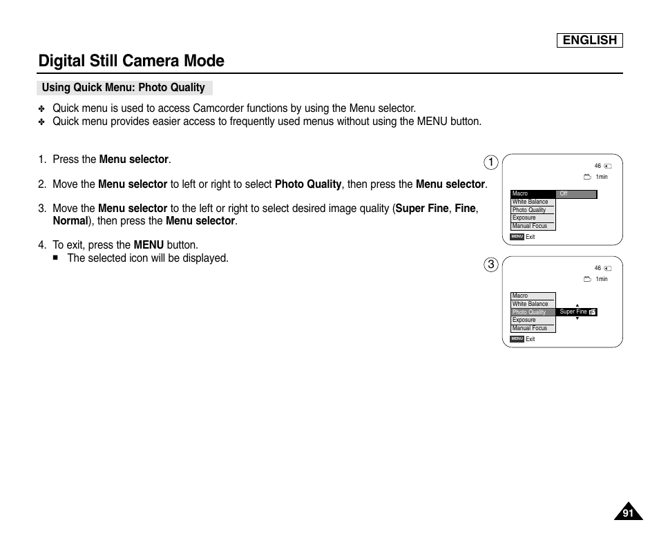 Using quick menu: photo quality, Digital still camera mode, English | Samsung SC-D453-XAA User Manual | Page 95 / 124