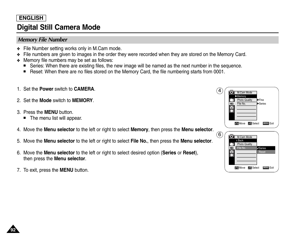 Memory file number, Digital still camera mode, English | Samsung SC-D453-XAA User Manual | Page 96 / 124