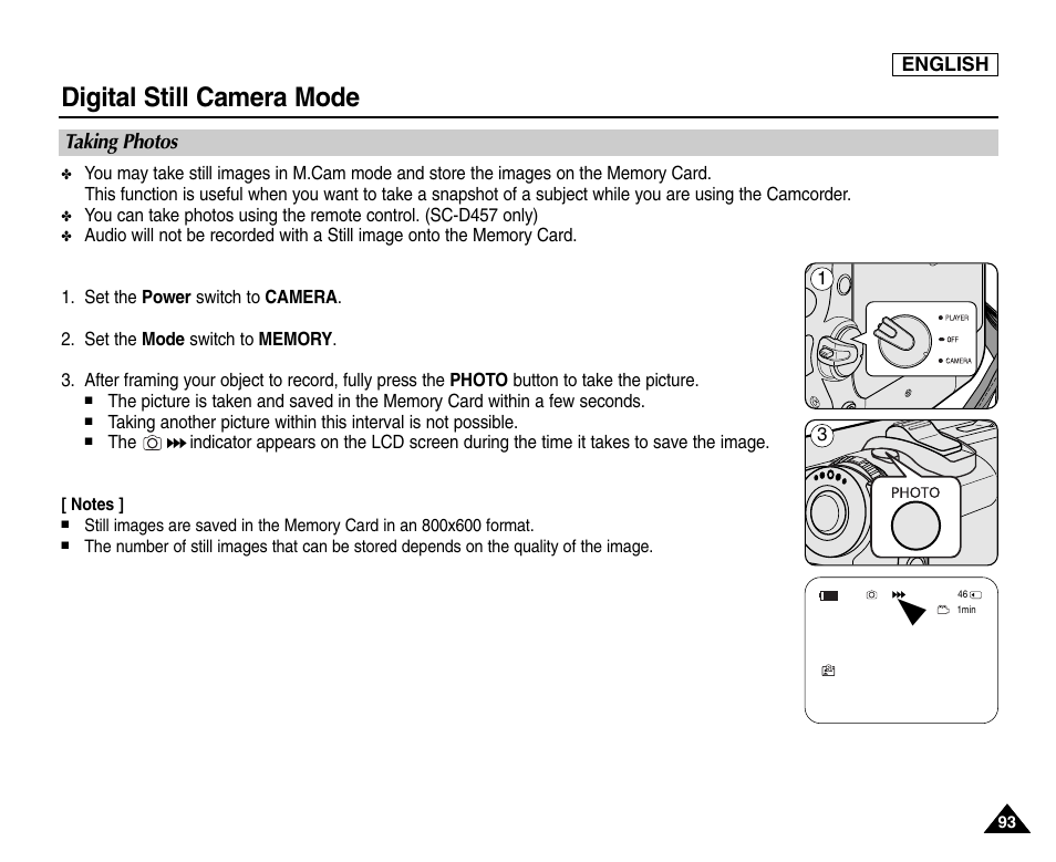 Taking photos, Digital still camera mode | Samsung SC-D453-XAA User Manual | Page 97 / 124