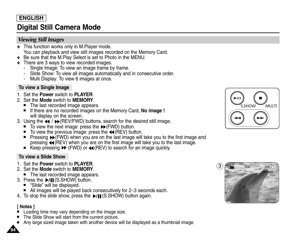 Viewing still images, To view a single image, To view a slide show | Digital still camera mode | Samsung SC-D453-XAA User Manual | Page 98 / 124