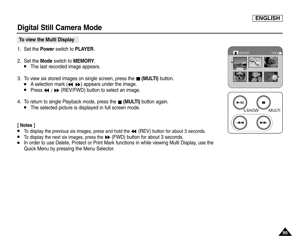 To view the multi display, Digital still camera mode, English | Samsung SC-D453-XAA User Manual | Page 99 / 124