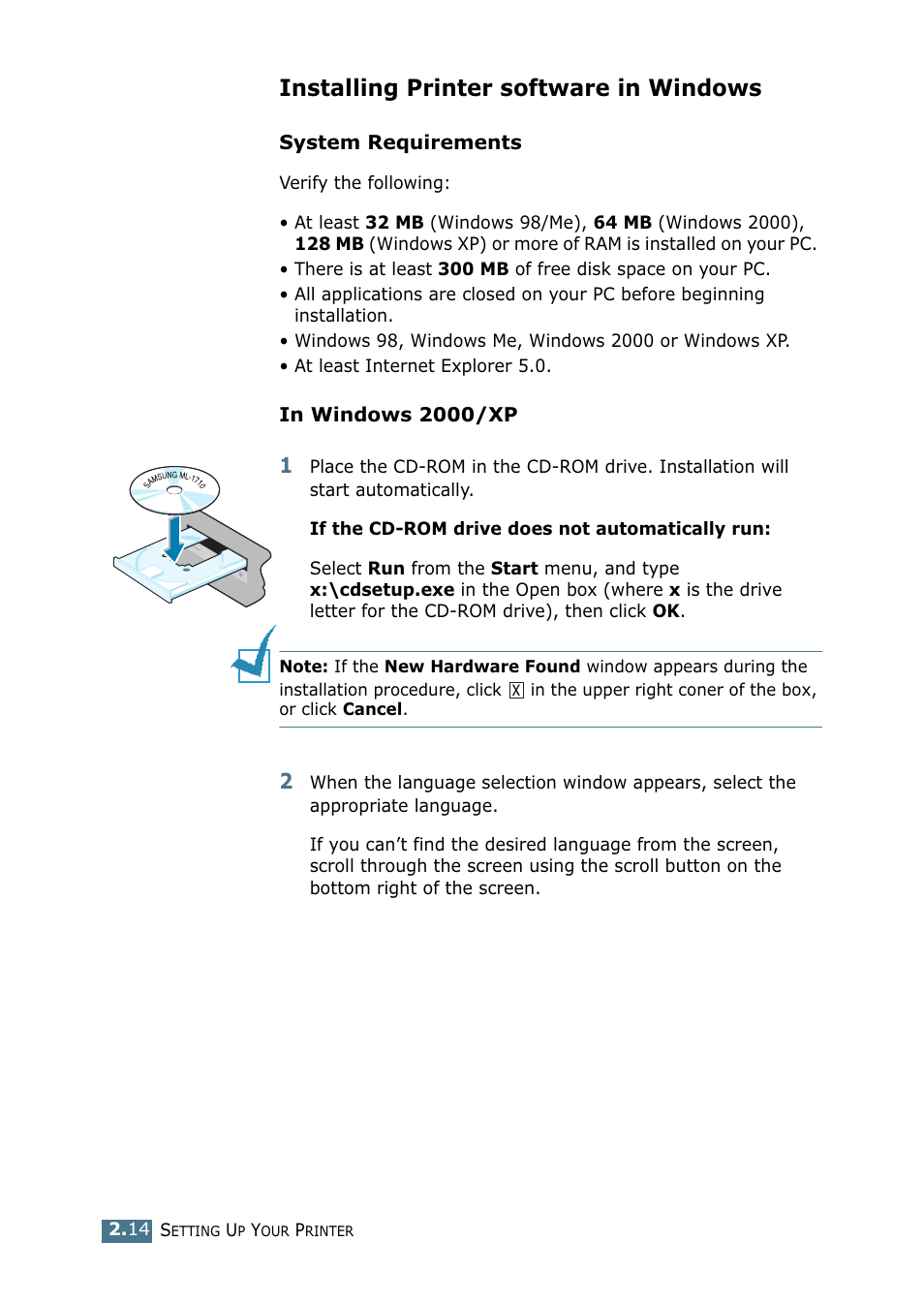 Installing printer software in windows | Samsung ML-1710-XAA User Manual | Page 33 / 138