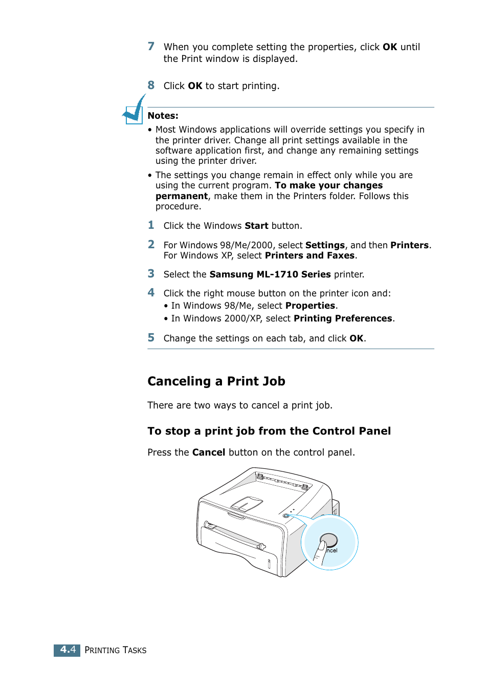 Canceling a print job | Samsung ML-1710-XAA User Manual | Page 59 / 138