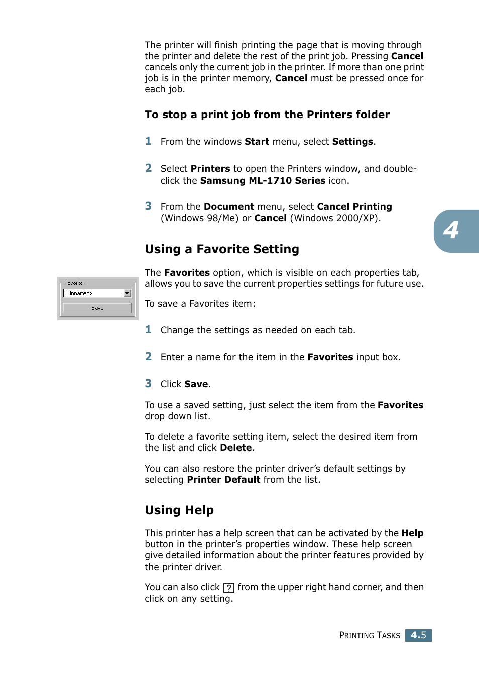 Using a favorite setting, Using help, Using a favorite setting using help | Samsung ML-1710-XAA User Manual | Page 60 / 138