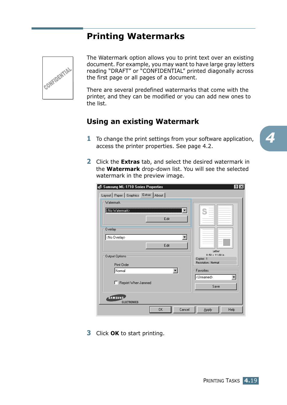 Printing watermarks, Using an existing watermark | Samsung ML-1710-XAA User Manual | Page 74 / 138