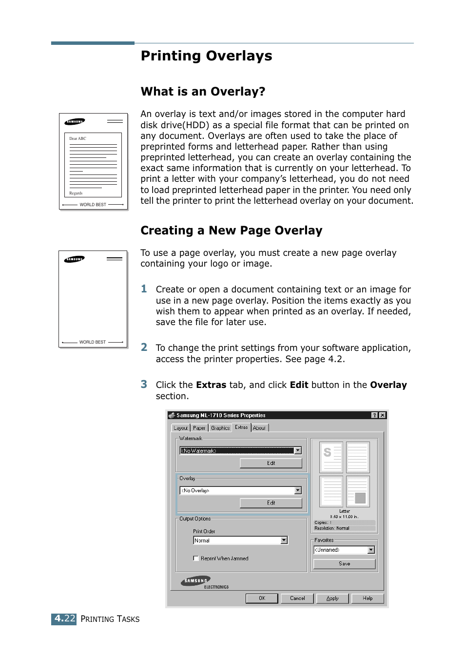 Printing overlays, What is an overlay, Creating a new page overlay | Samsung ML-1710-XAA User Manual | Page 77 / 138