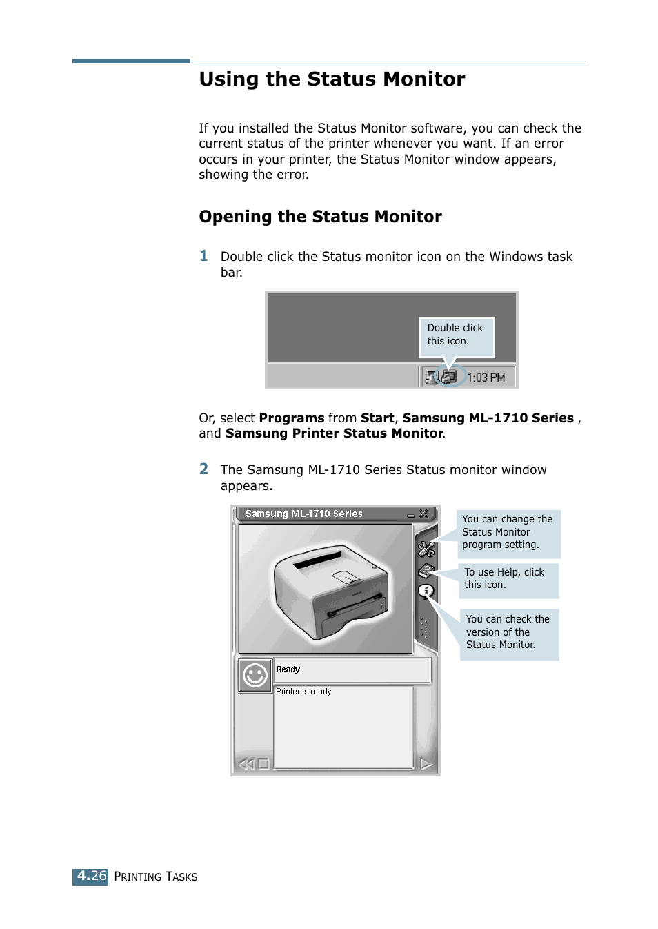 Using the status monitor, Opening the status monitor | Samsung ML-1710-XAA User Manual | Page 81 / 138