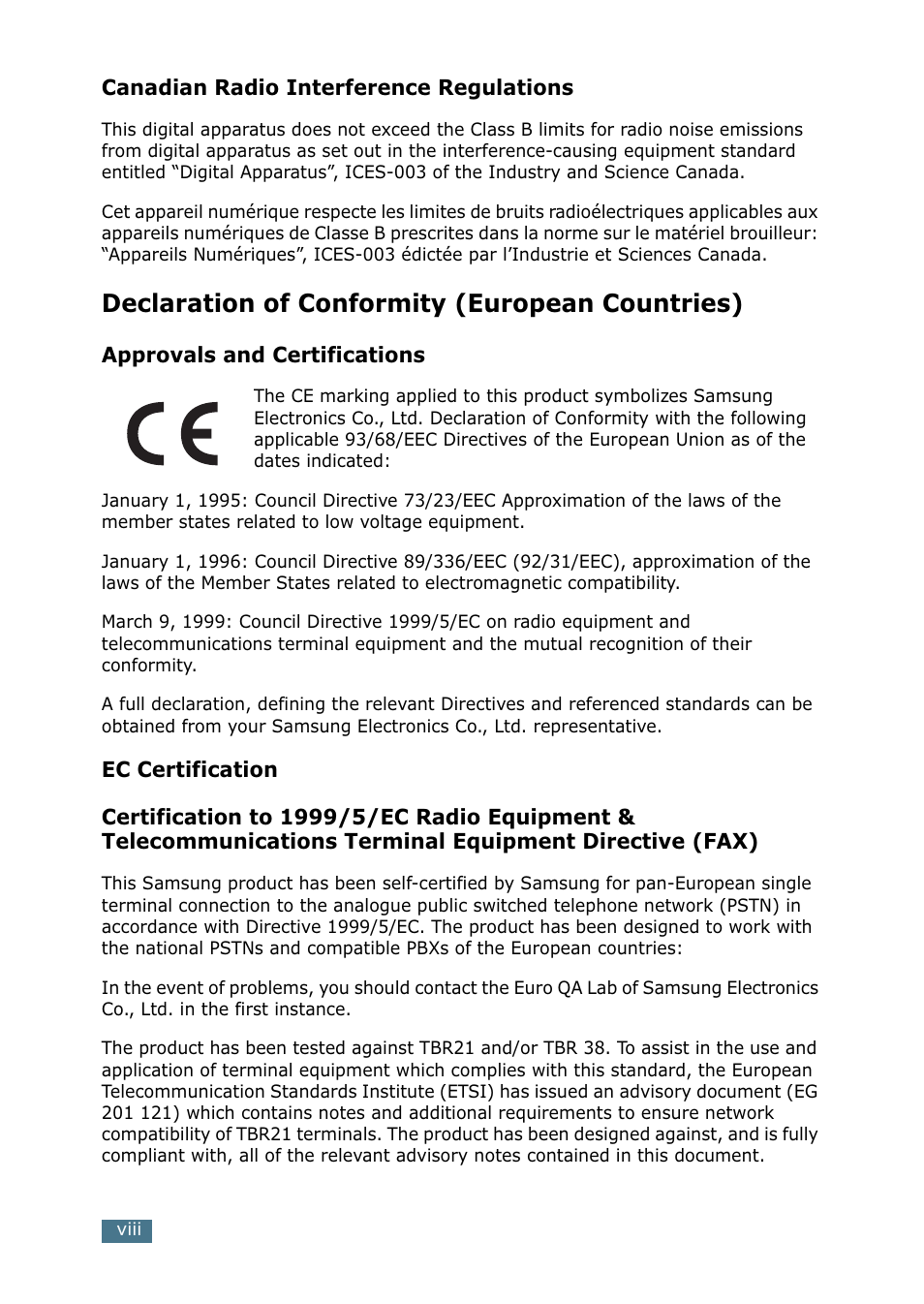 Declaration of conformity (european countries) | Samsung ML-1710-XAA User Manual | Page 9 / 138