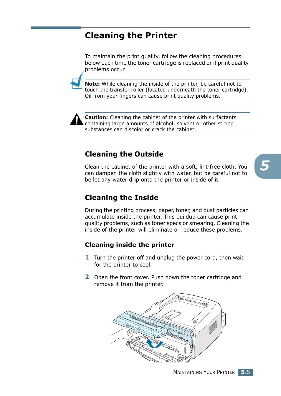 Cleaning the printer, Cleaning the outside, Cleaning the inside | Cleaning the outside cleaning the inside | Samsung ML-1710-XAA User Manual | Page 90 / 138