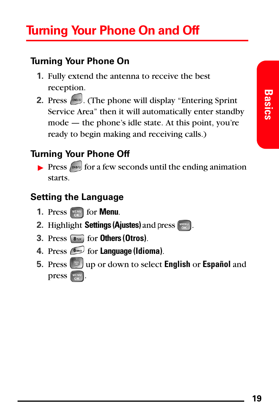 Turning your phone on, Turning your phone off, Setting the language | Turning your phone on and off, Basics | Samsung SPH-A760DSSXAR User Manual | Page 27 / 85