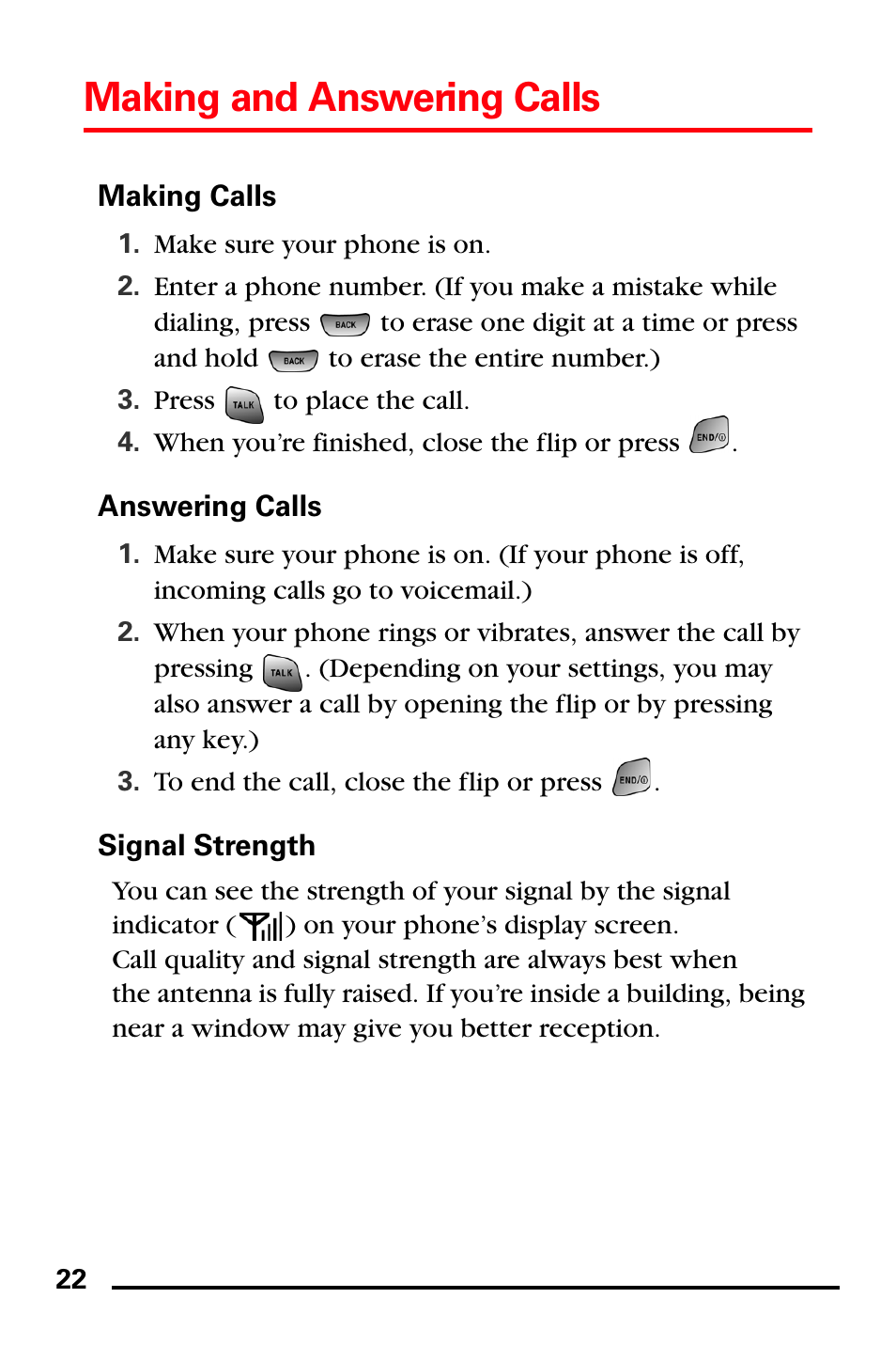 Making calls, Answering calls, Signal strength | Making and answering calls | Samsung SPH-A760DSSXAR User Manual | Page 30 / 85