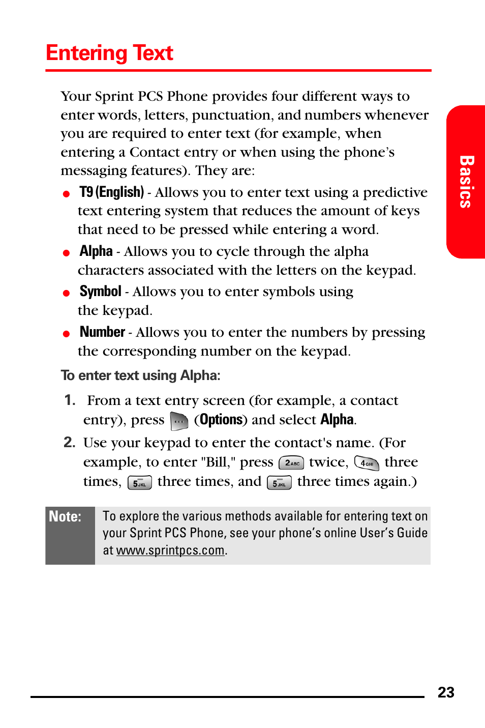 Entering text, Basics | Samsung SPH-A760DSSXAR User Manual | Page 31 / 85