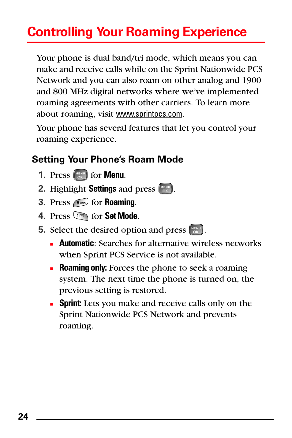 Setting your phone’s roam mode, Controlling your roaming experience | Samsung SPH-A760DSSXAR User Manual | Page 32 / 85