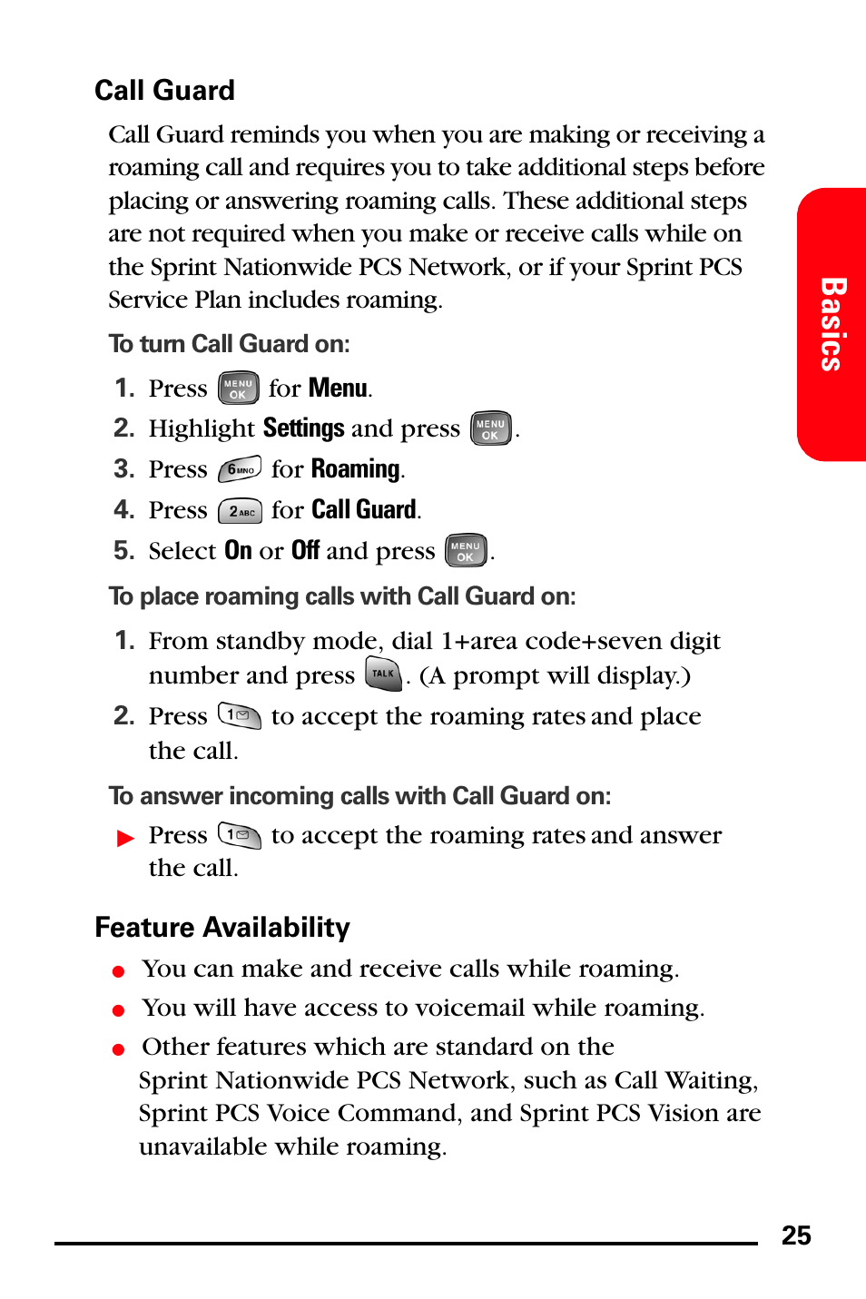 Call guard, Feature availability, Basics | Samsung SPH-A760DSSXAR User Manual | Page 33 / 85