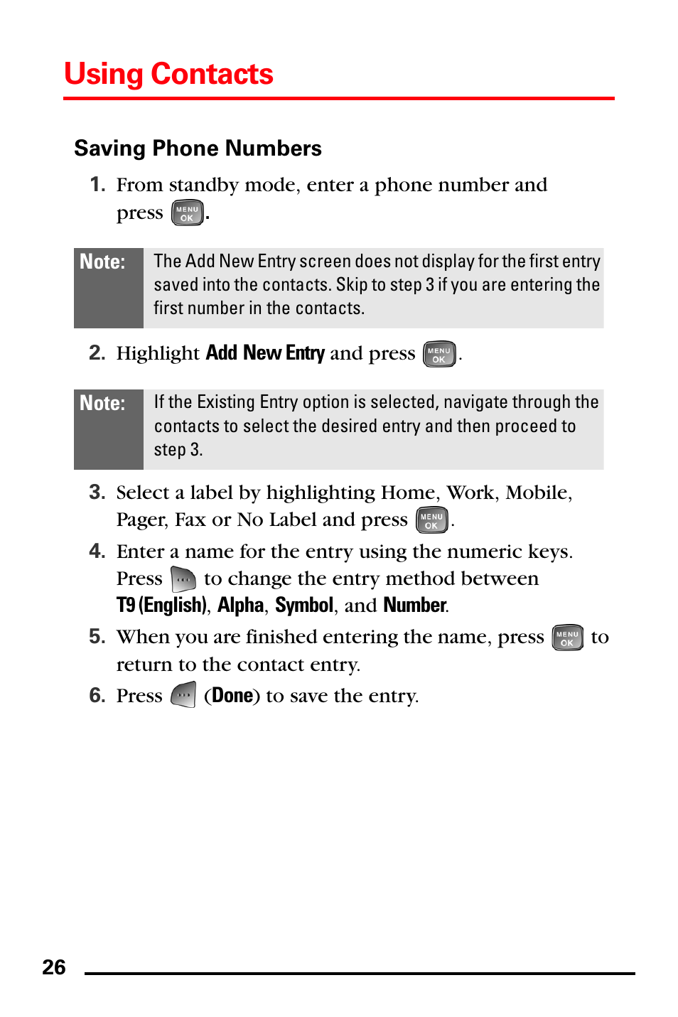 Saving phone numbers, Using contacts | Samsung SPH-A760DSSXAR User Manual | Page 34 / 85
