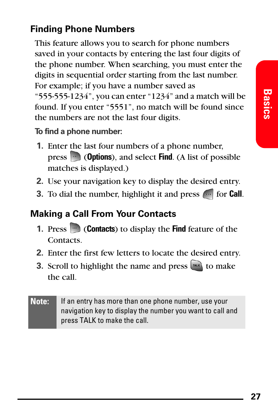 Finding phone numbers, Making a call from your contacts, Basics | Samsung SPH-A760DSSXAR User Manual | Page 35 / 85