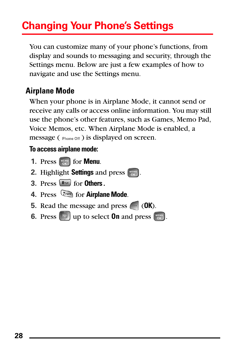 Airplane mode, Changing your phone’s settings | Samsung SPH-A760DSSXAR User Manual | Page 36 / 85