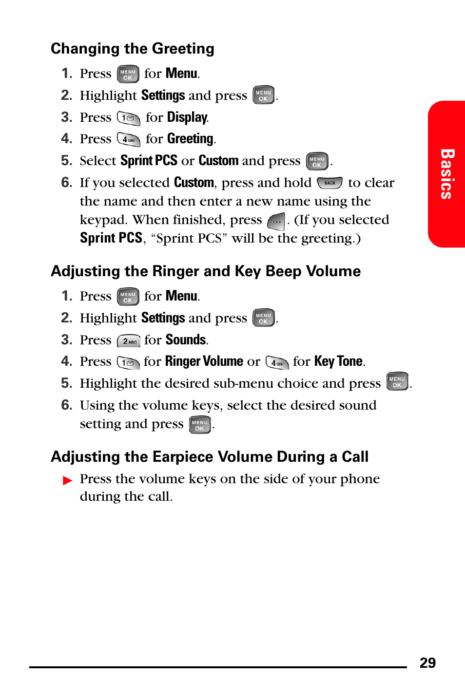 Changing the greeting, Adjusting the ringer and key beep volume, Adjusting the earpiece volume during a call | Basics | Samsung SPH-A760DSSXAR User Manual | Page 37 / 85