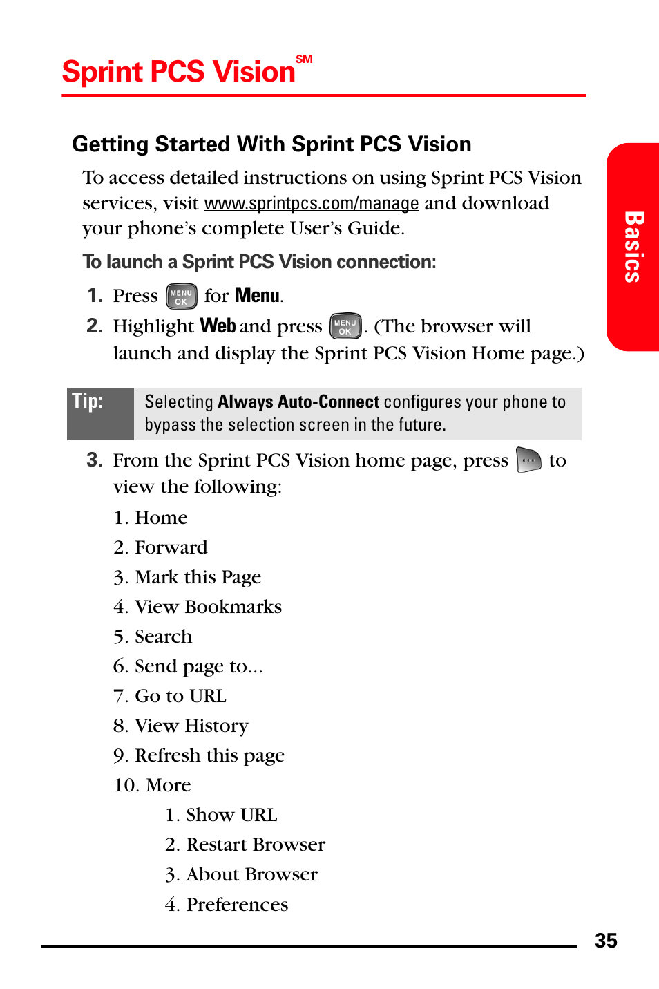 Getting started with sprint pcs vision, Sprint pcs vision, Basics | Samsung SPH-A760DSSXAR User Manual | Page 43 / 85