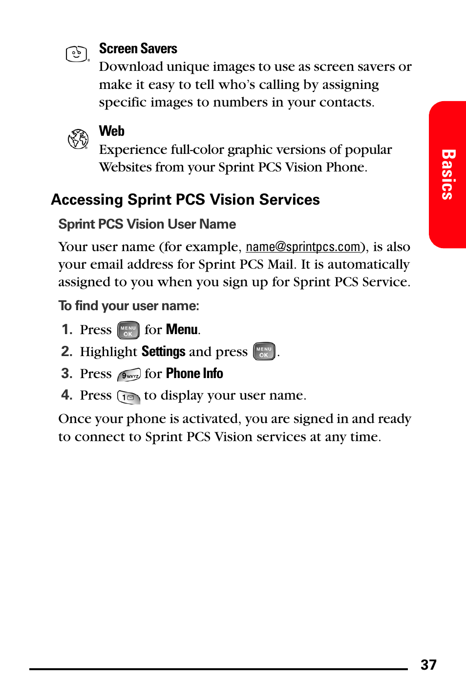 Accessing sprint pcs vision services, Basics | Samsung SPH-A760DSSXAR User Manual | Page 45 / 85