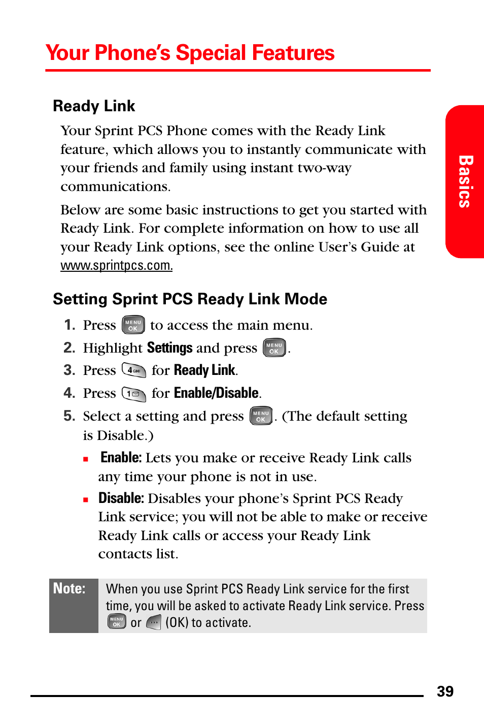 Ready link, Setting sprint pcs ready link mode, Your phone’s special features | Basics | Samsung SPH-A760DSSXAR User Manual | Page 47 / 85