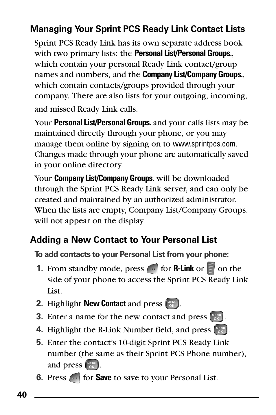 Managing your sprint pcs ready link contact lists, Adding a new contact to your personal list | Samsung SPH-A760DSSXAR User Manual | Page 48 / 85