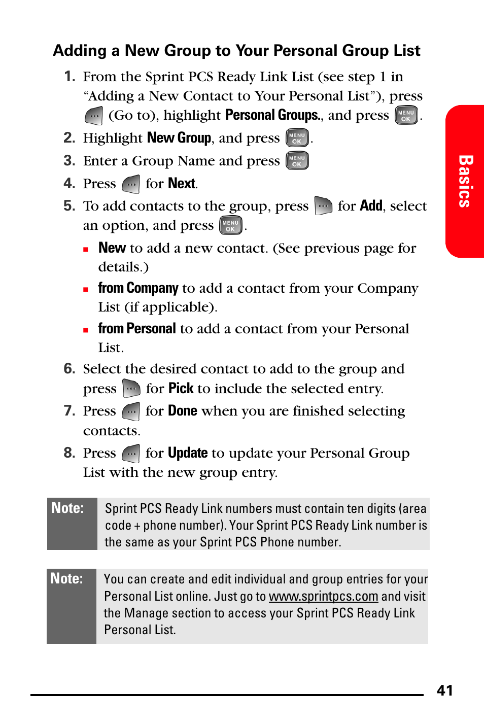 Adding a new group to your personal group list, Basics | Samsung SPH-A760DSSXAR User Manual | Page 49 / 85