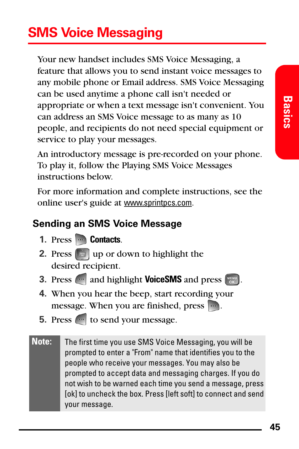 Sending an sms voice message, Sms voice messaging, Basics | Samsung SPH-A760DSSXAR User Manual | Page 53 / 85
