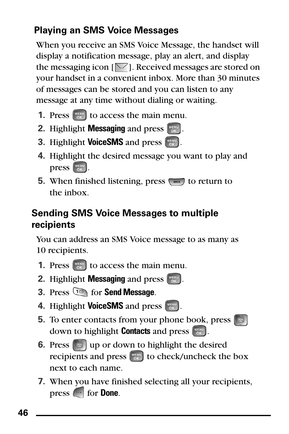 Playing an sms voice messages, Sending sms voice messages to multiple recipients | Samsung SPH-A760DSSXAR User Manual | Page 54 / 85