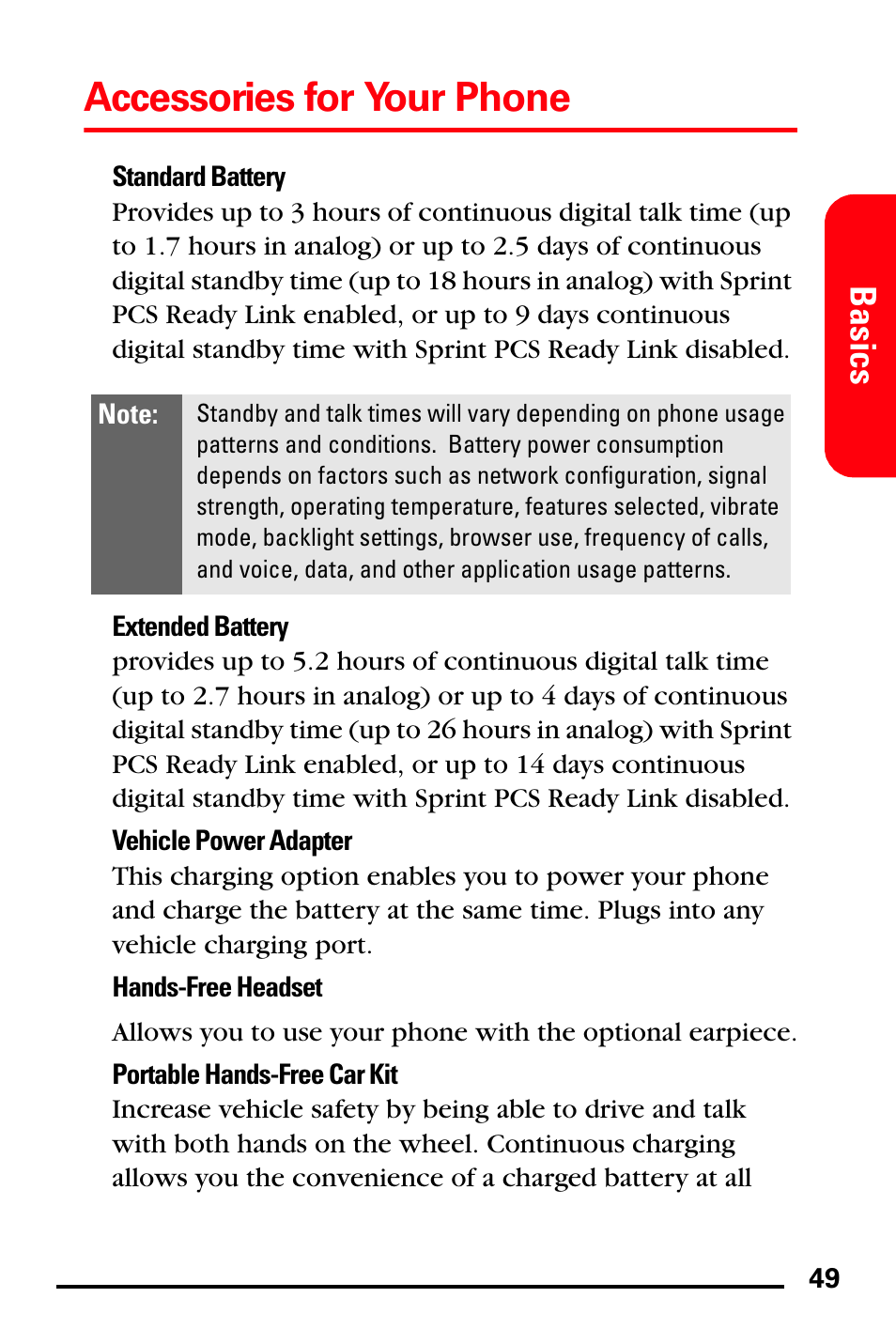 Accessories for your phone, Basics | Samsung SPH-A760DSSXAR User Manual | Page 57 / 85