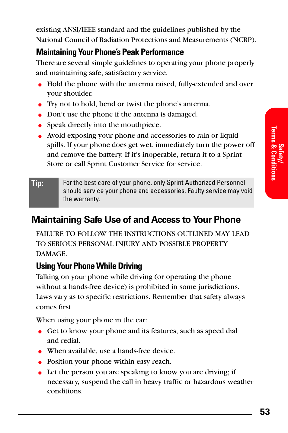 Maintaining safe use of and access to your phone, Maintaining your phone’s peak performance, Using your phone while driving | Samsung SPH-A760DSSXAR User Manual | Page 61 / 85