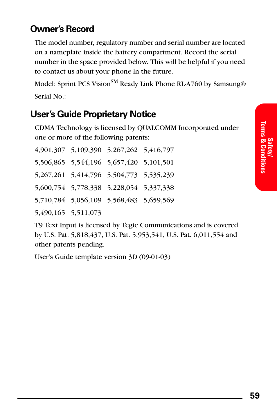 Owner’s record, User’s guide proprietary notice | Samsung SPH-A760DSSXAR User Manual | Page 67 / 85