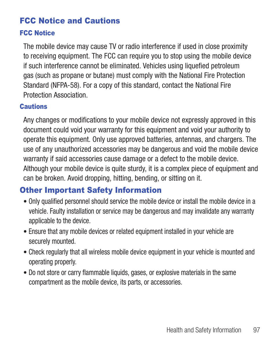 Fcc notice and cautions, Other important safety information | Samsung SGH-T330ZKATFN User Manual | Page 101 / 102