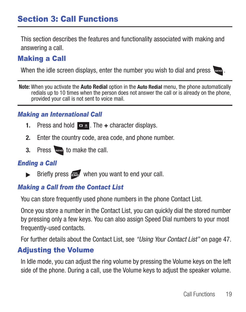 Section 3: call functions, Making a call, Adjusting the volume | Making a call adjusting the volume | Samsung SGH-T330ZKATFN User Manual | Page 23 / 102