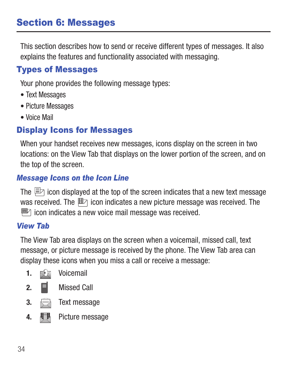 Section 6: messages, Types of messages, Display icons for messages | Types of messages display icons for messages | Samsung SGH-T330ZKATFN User Manual | Page 38 / 102