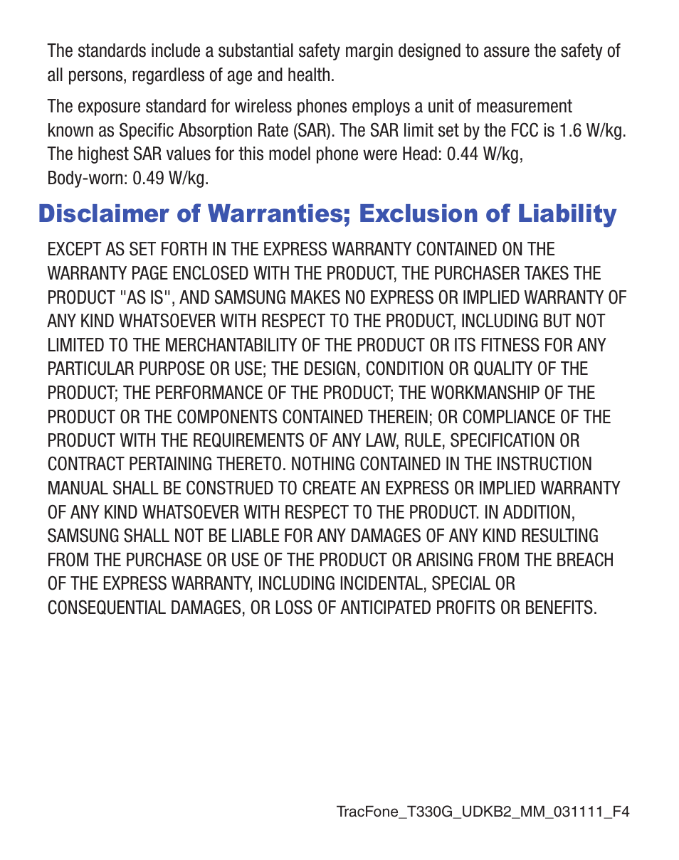 Disclaimer of warranties; exclusion of liability | Samsung SGH-T330ZKATFN User Manual | Page 4 / 102
