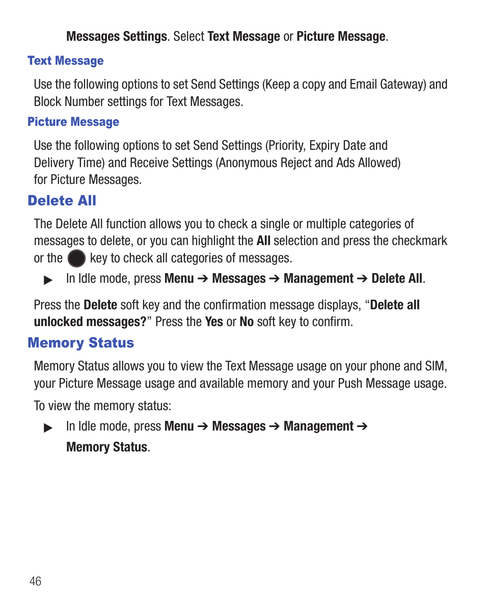 Delete all, Memory status, Delete all memory status | Samsung SGH-T330ZKATFN User Manual | Page 50 / 102