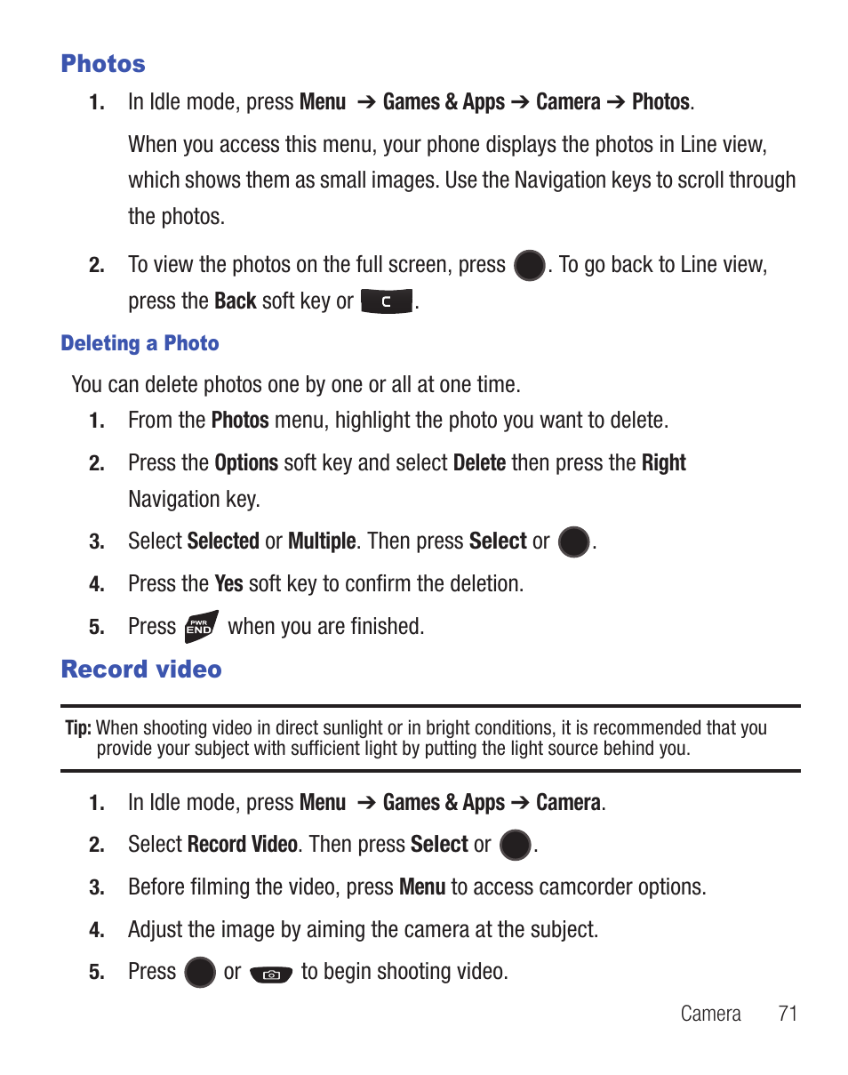 Photos, Record video, Photos record video | Samsung SGH-T330ZKATFN User Manual | Page 75 / 102