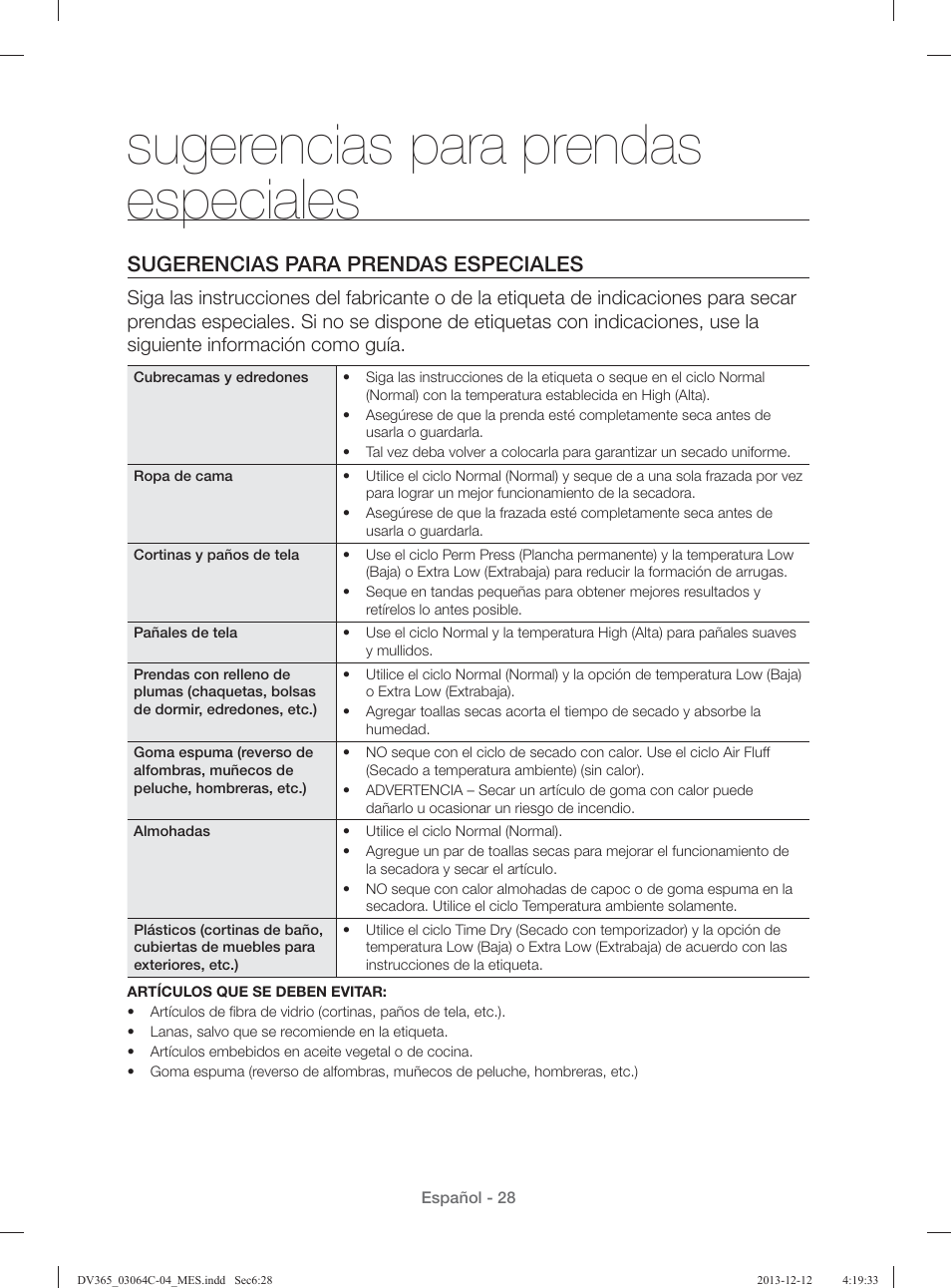 Sugerencias para prendas especiales | Samsung DV365ETBGSF-A1 User Manual | Page 108 / 120